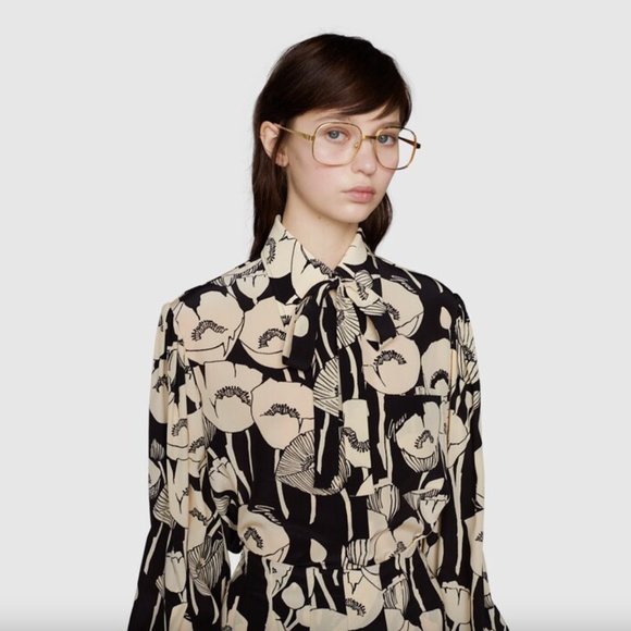 Gucci Black and White Floral Silk Blouse - Picture 1 of 16